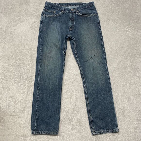 Wrangler Jeans Mens 34 Blue Denim Regular Fit Straight Distressed 31 Inseam - Picture 1 of 15